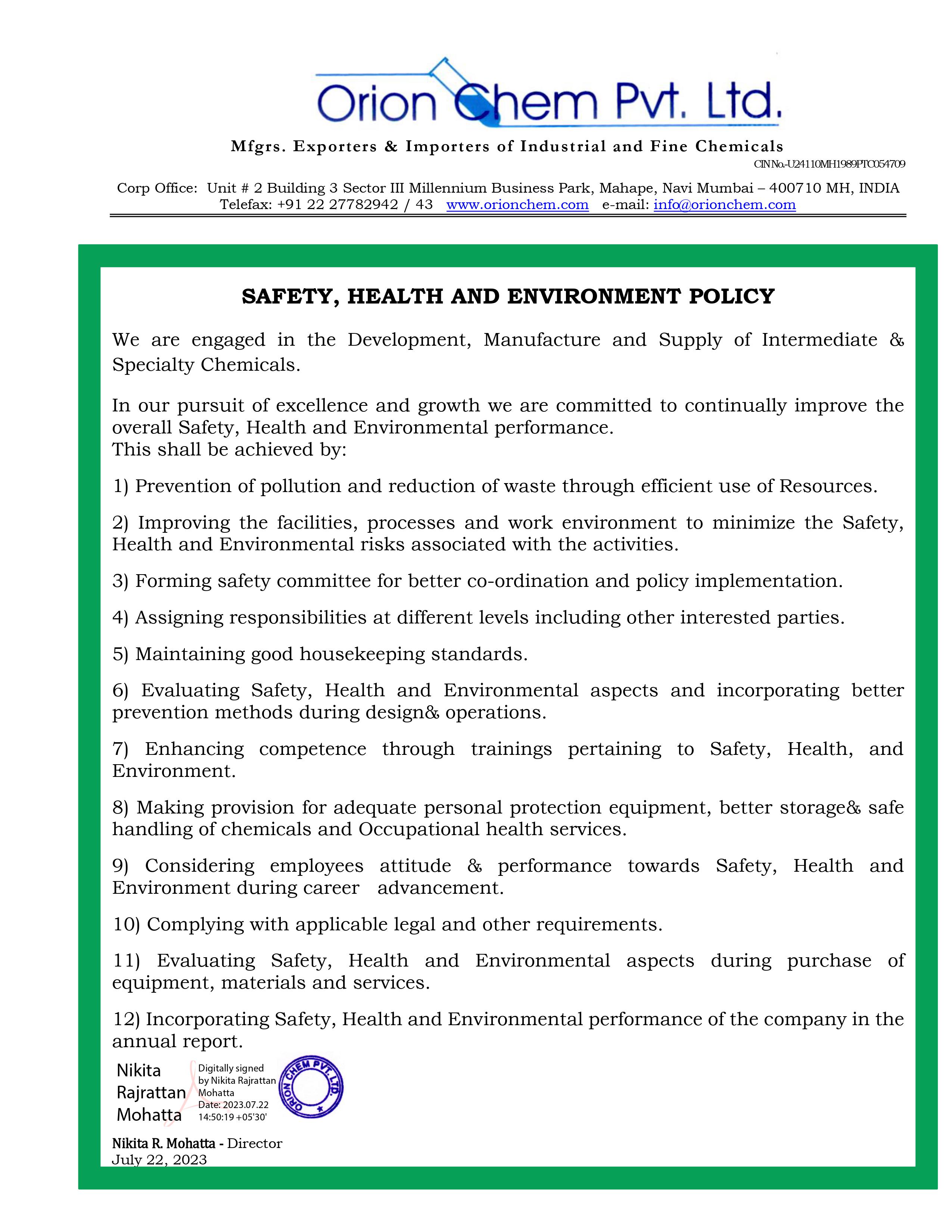 Environment Protection, Health and Safety Policy